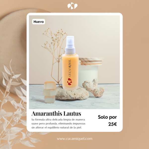 Ingredientes naturales de Amaranthi Lautus: semillas germinadas, escualeno vegetal y aminoácidos para proteger y revitalizar la piel.