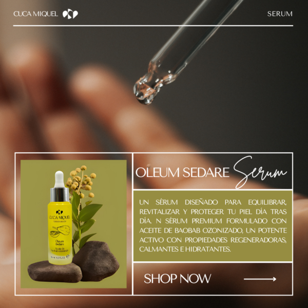 Textura ligera y luminosa del aceite facial Oleum Sedare, ideal para pieles apagadas o con tendencia acnéica.